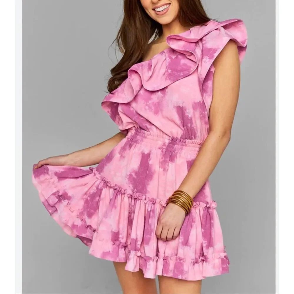 Buddy Love Sofia one-shoulder ruffled tie-dye mini dress size S NWT